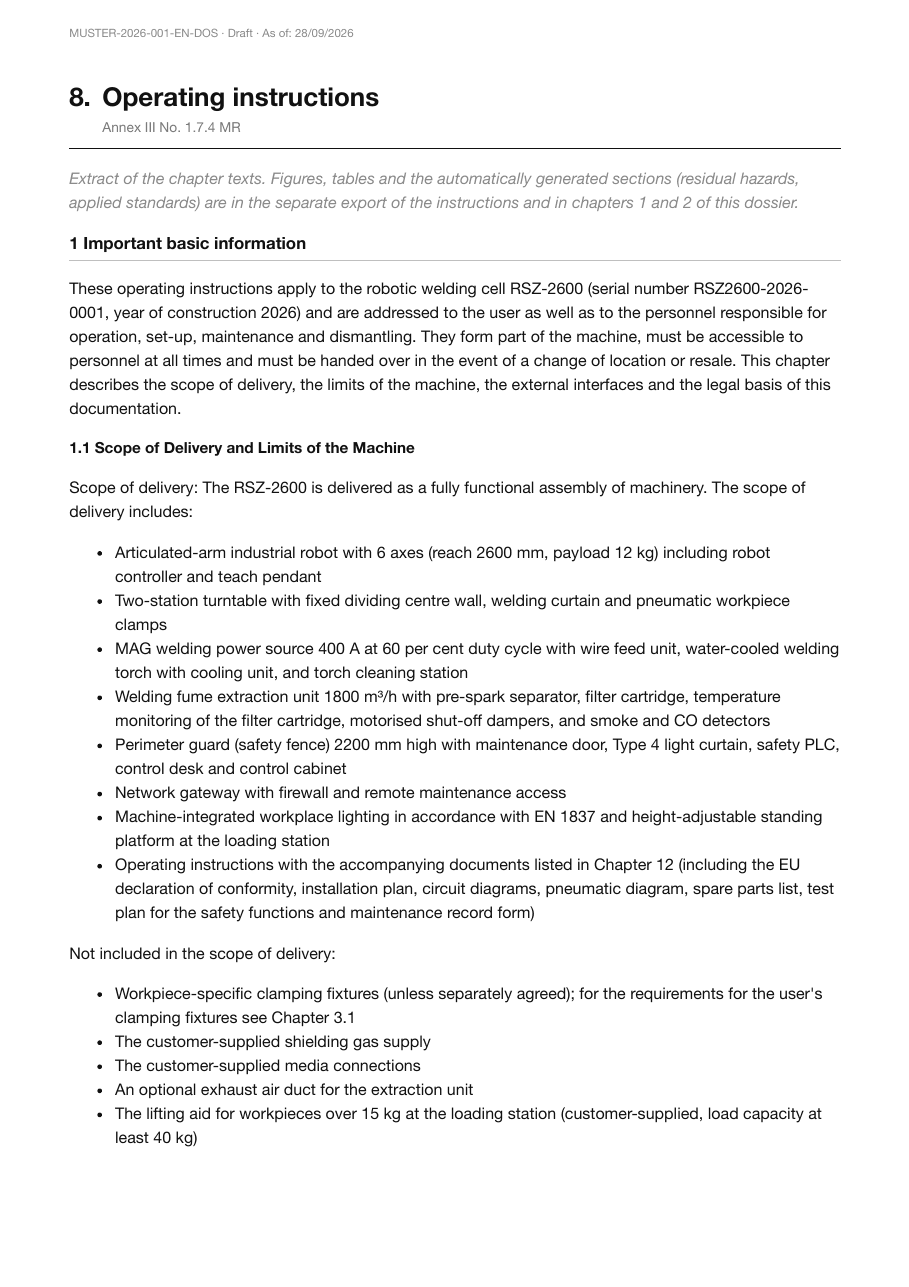 Operating instructions chapter in the sample dossier: excerpt of the chapter texts with scope of delivery and limits of the machine