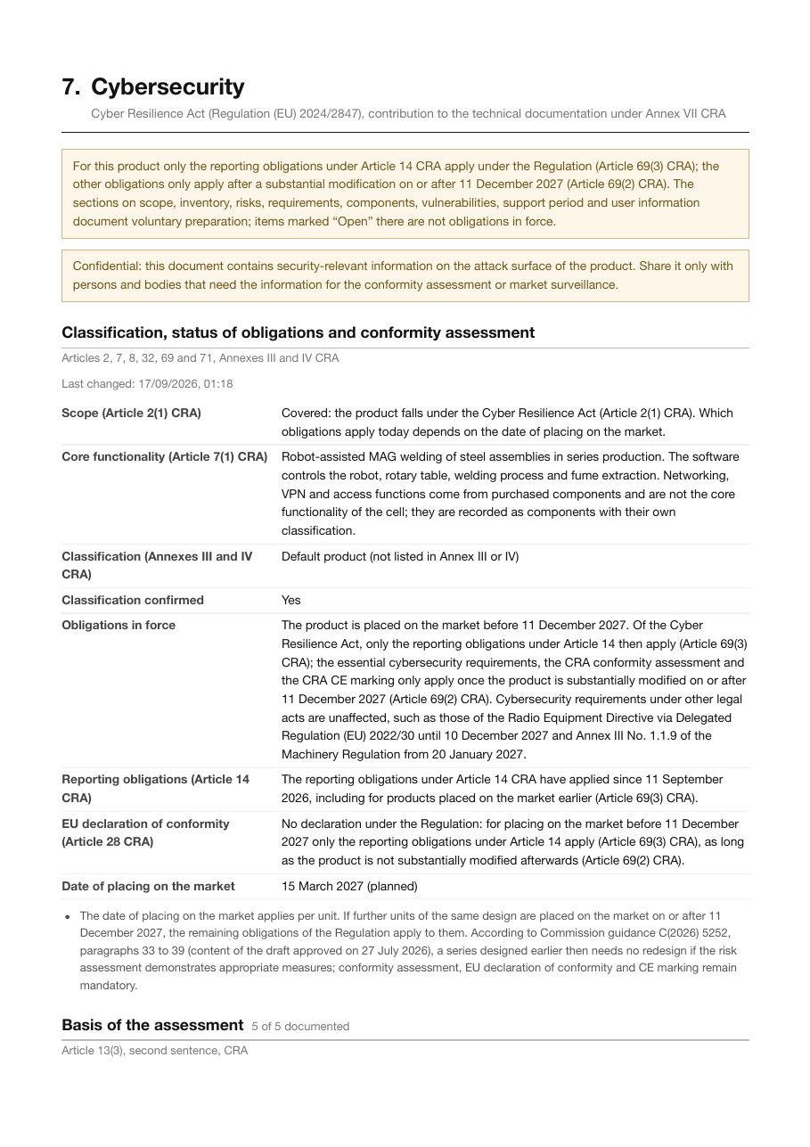 Cybersecurity chapter in the sample dossier with classification, obligations in force, date of placing on the market and scope of the assessment