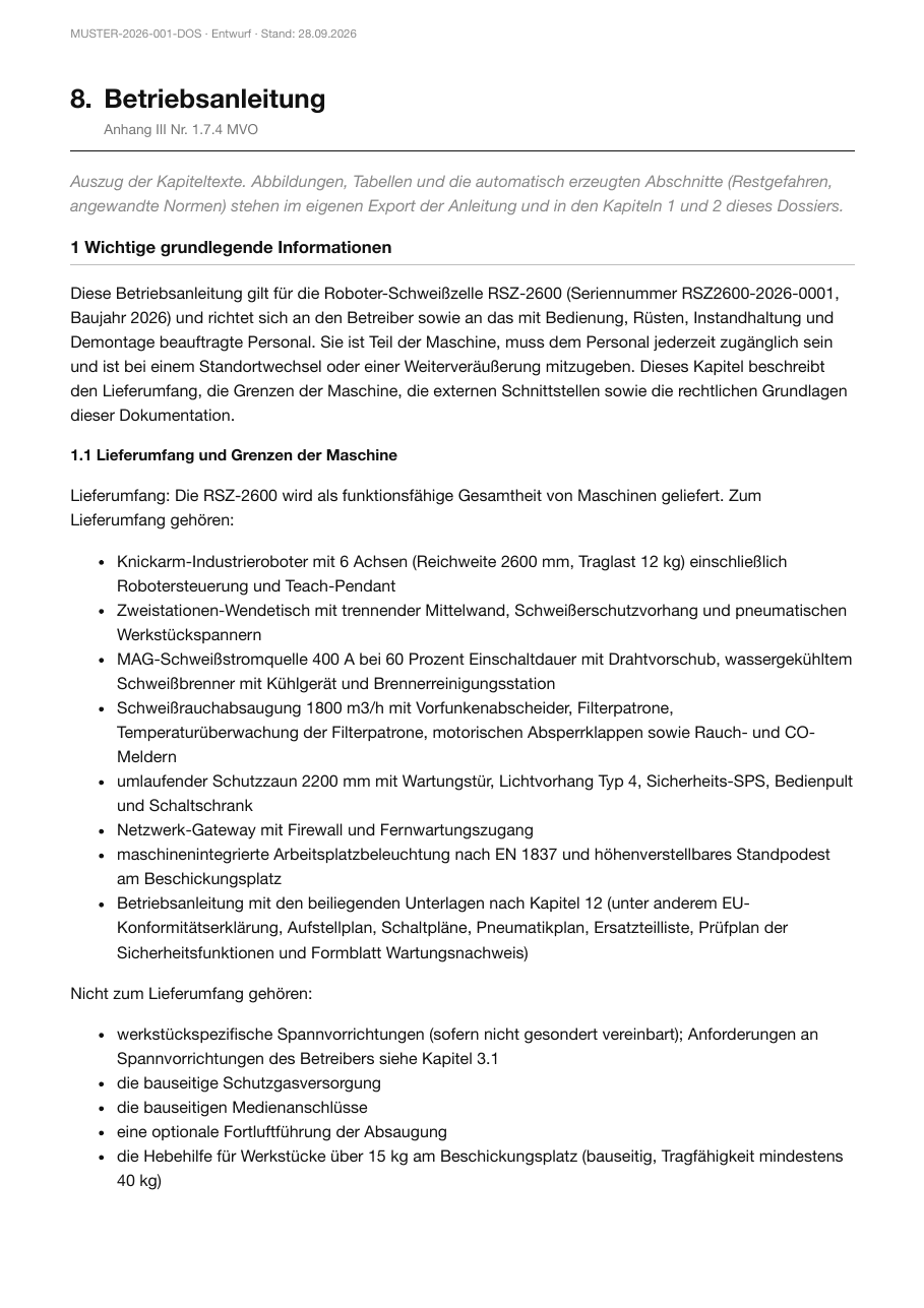 Kapitel Betriebsanleitung im Musterdossier: Auszug der Kapiteltexte mit Lieferumfang und Grenzen der Maschine