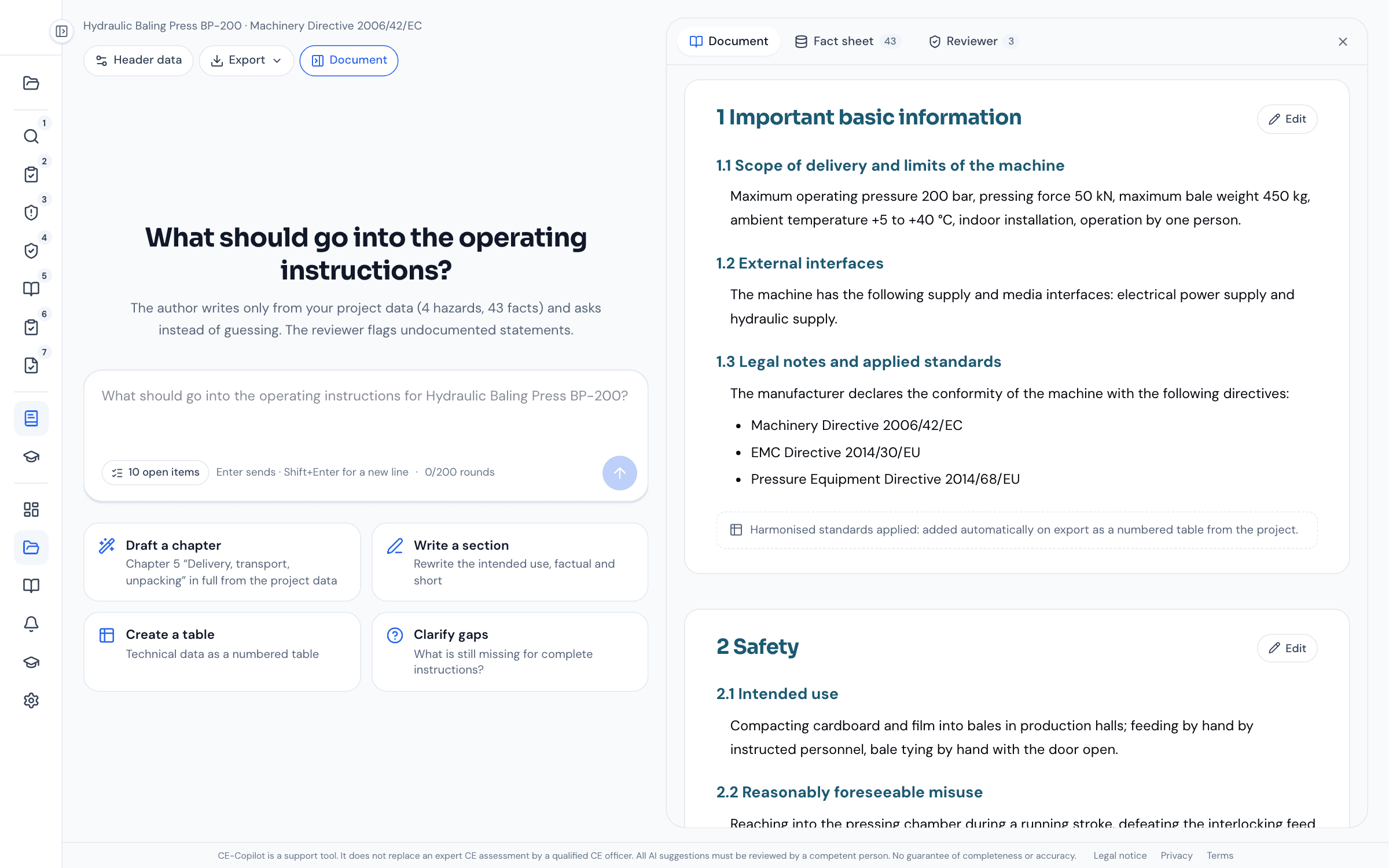 Start view of the operating instructions in dialogue: on the left the question “What should go into the operating instructions?” with input field and four suggestion cards, on the right the document with chapters 1 and 2 of the BP-200 baling press