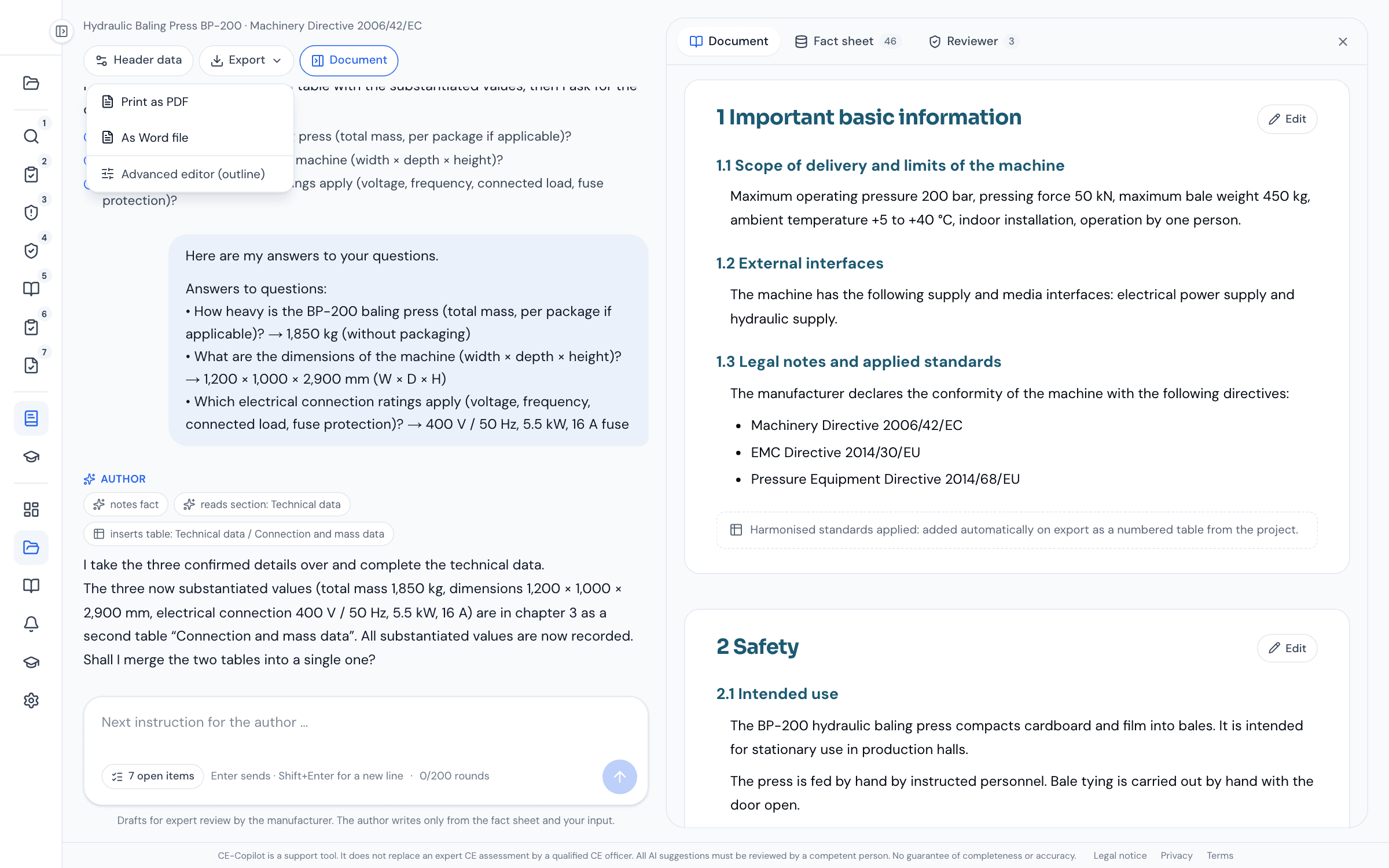 Open export menu with “Print as PDF”, “As Word file” and “Advanced editor (structure)”
