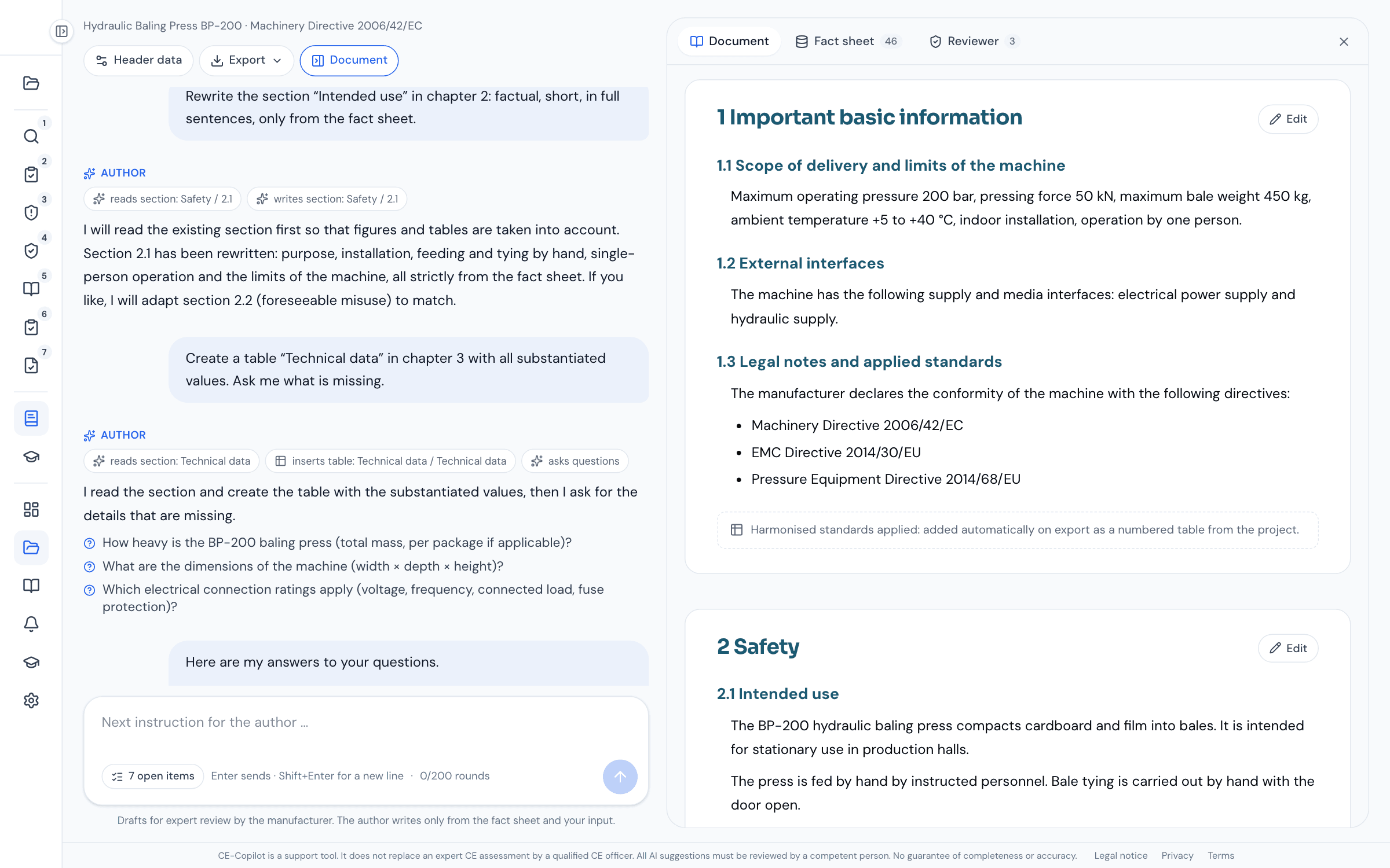 Finished round: tool chips “reads section: Safety / 2.1” and “writes section: Safety / 2.1”, below them the author’s short reply, on the right the new section 2.1 in the document