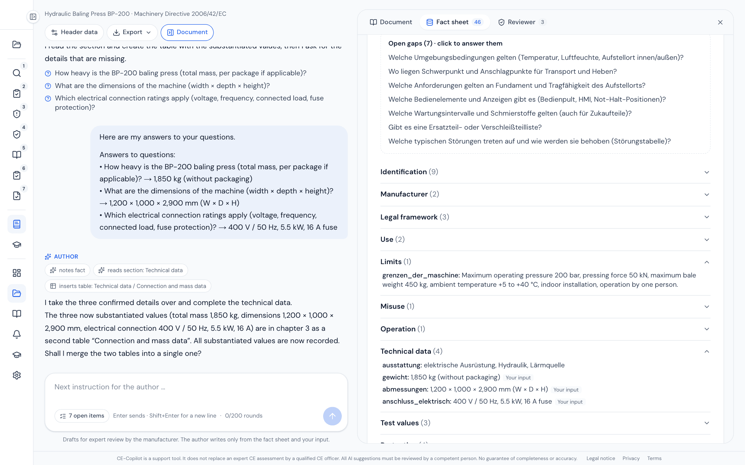 Fact sheet tab: version and number of facts, open gaps, categories such as Technical data with values and origin; details from the dialogue are marked “Your input”