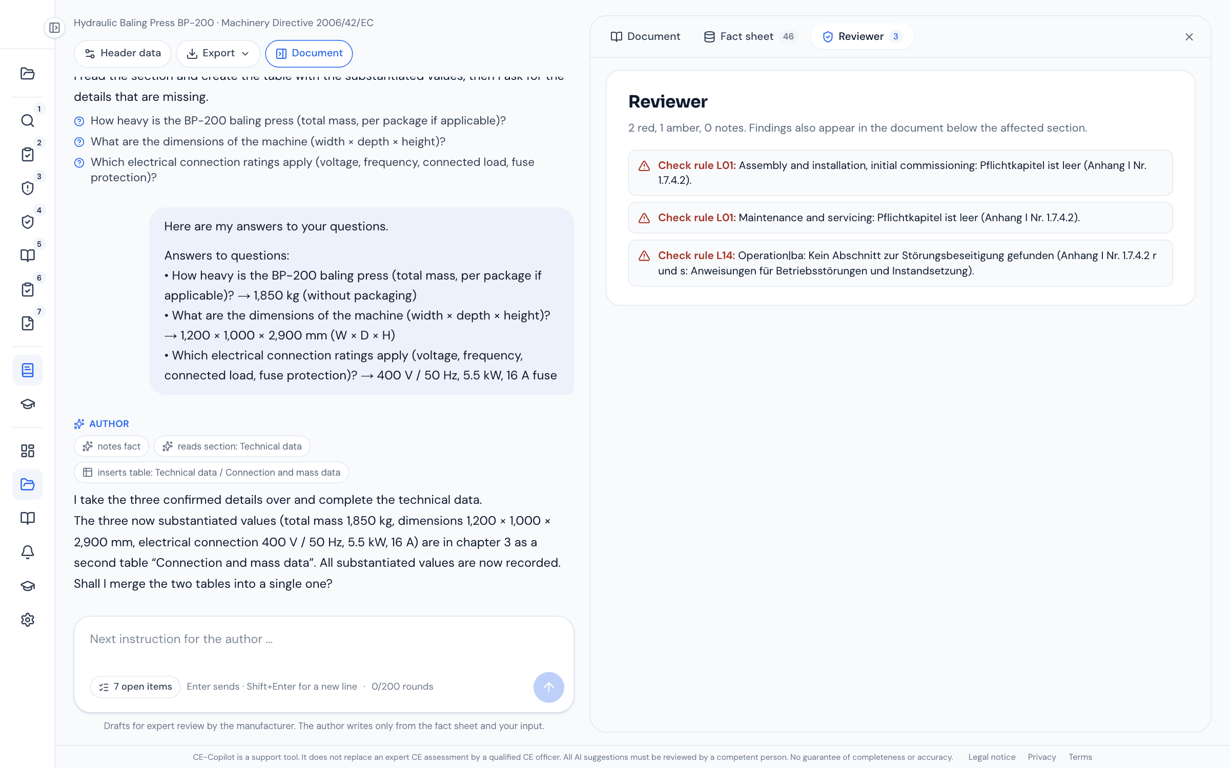 Reviewer tab with three findings: two red check rules L01 for the empty mandatory chapters Assembly and Maintenance, one amber check rule L14 for the missing troubleshooting section