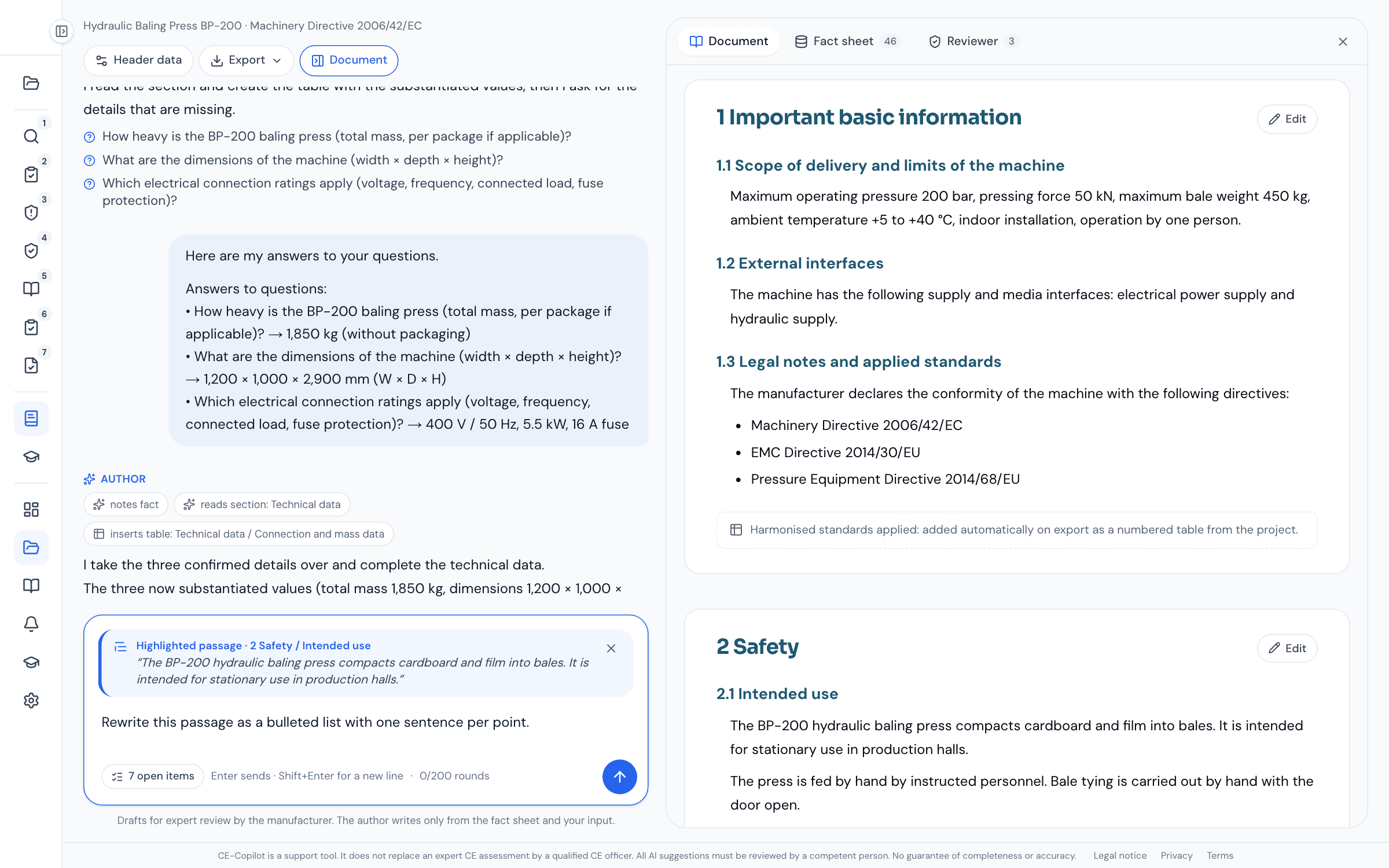 Input field with quotation card “Highlighted passage · 2 Safety / Intended use” and the instruction “Rewrite this passage as a bulleted list with one sentence per point”