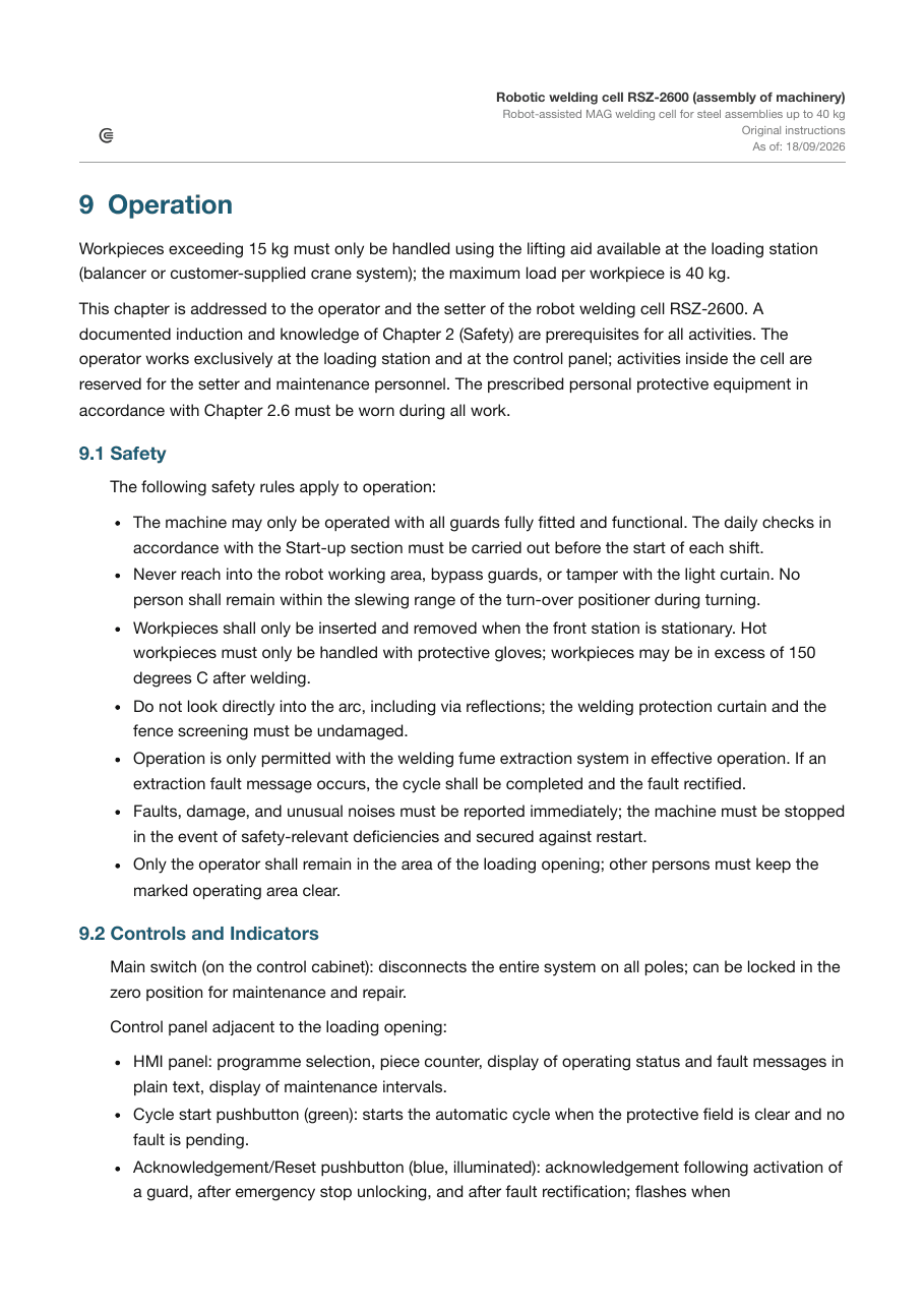 Operation chapter of the sample operating instructions with controls, indicators and operating modes