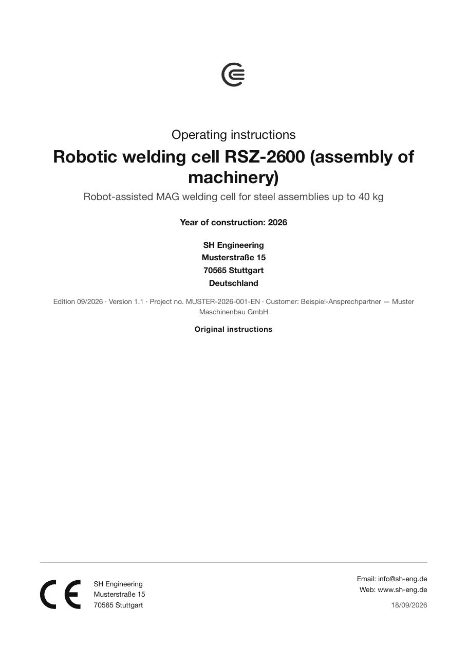 Cover page of the sample operating instructions: RSZ-2600 robotic welding cell with the note 'Original operating instructions'