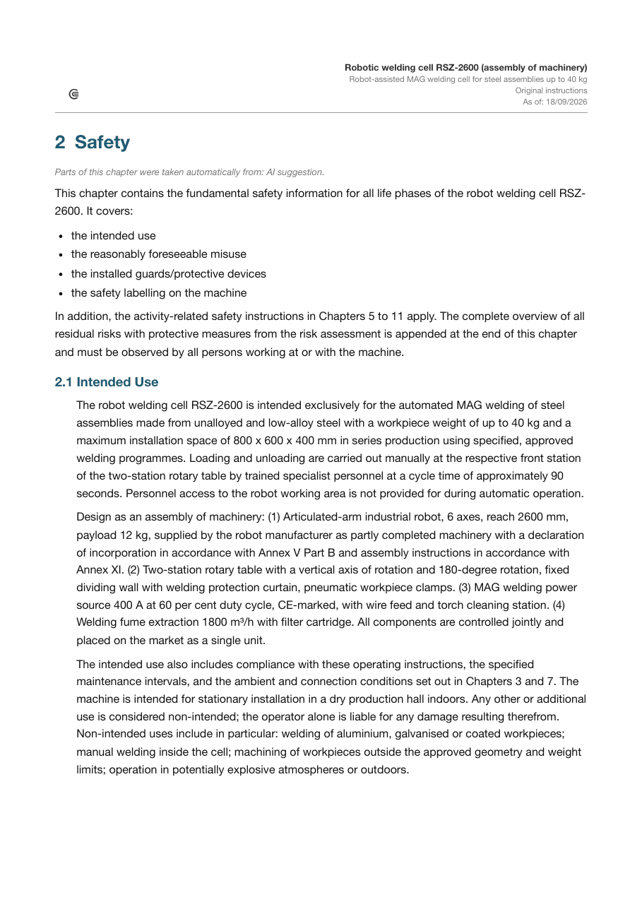 Protective devices chapter of the sample operating instructions with guards, light curtain and safety functions including performance level
