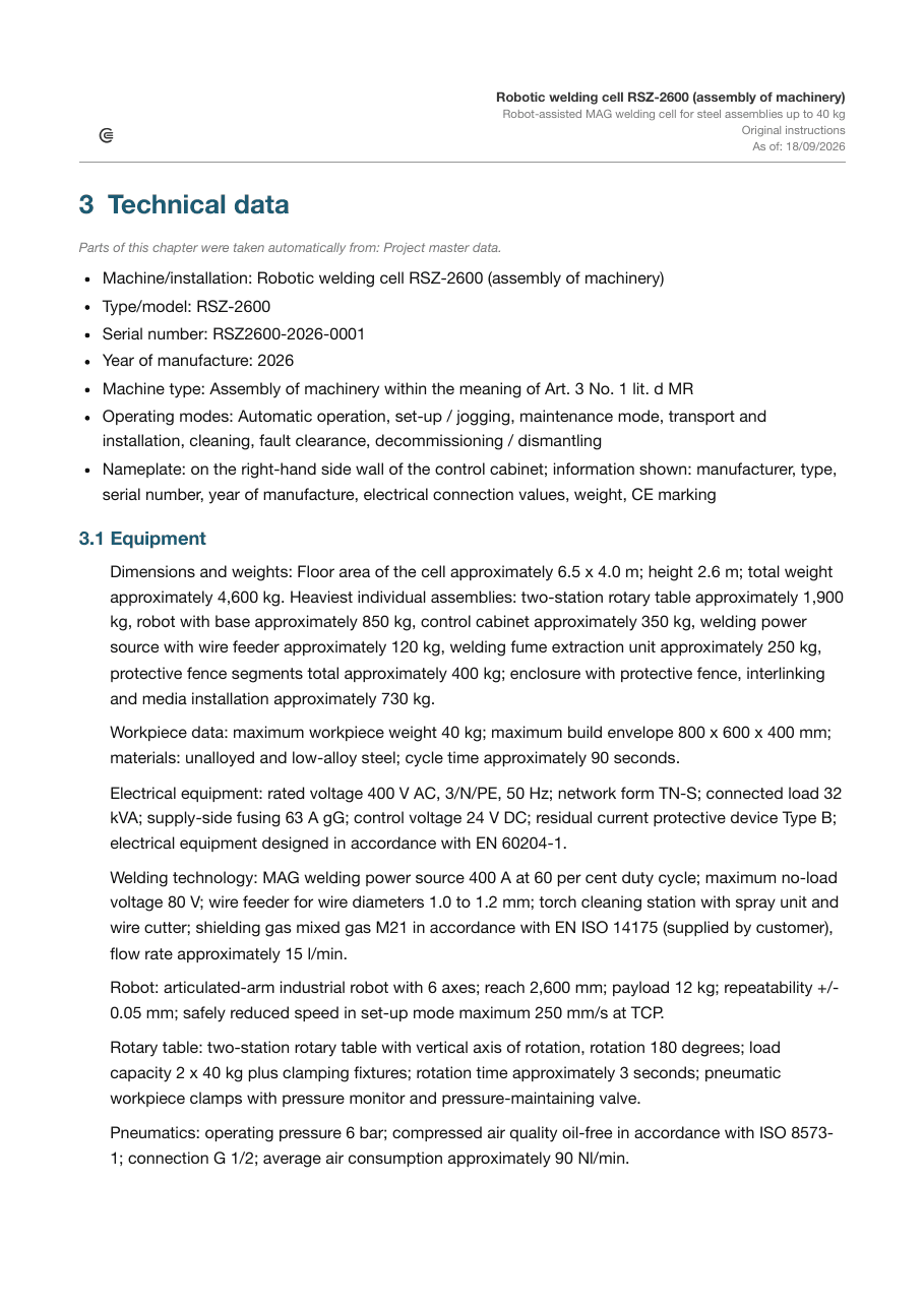Technical data of the sample operating instructions with dimensions, electrical equipment, welding technology and noise emission