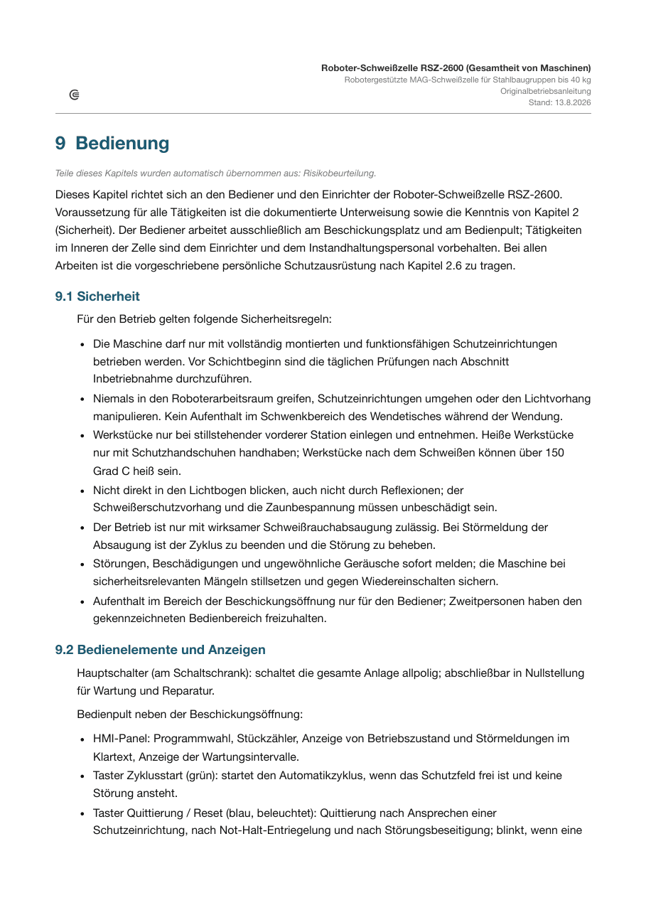 Kapitel Bedienung der Muster-Betriebsanleitung mit Bedienelementen, Anzeigen und Betriebsarten