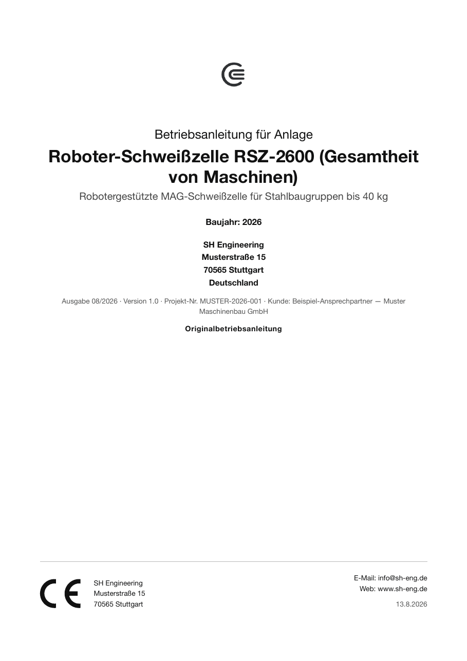 Deckblatt der Muster-Betriebsanleitung: Roboter-Schweißzelle RSZ-2600 mit dem Vermerk Originalbetriebsanleitung
