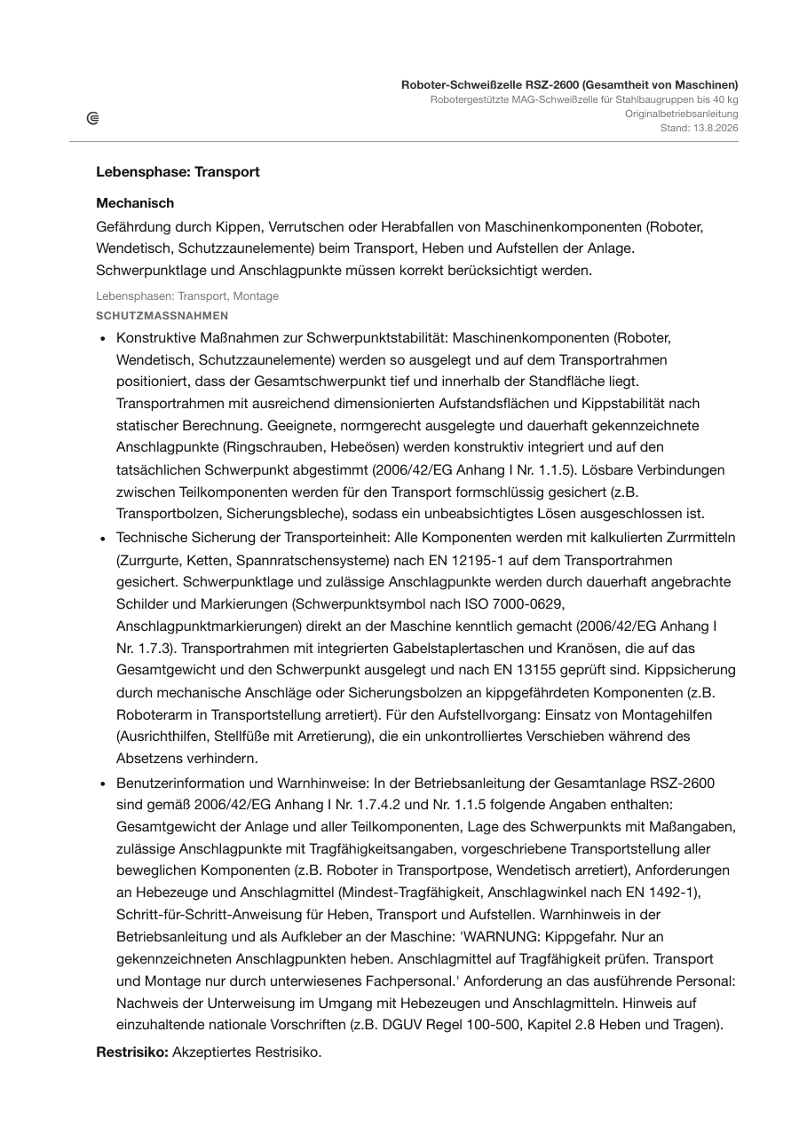 Restgefahren-Übersicht der Muster-Betriebsanleitung: Gefährdung mit Lebensphasen und zugehörigen Schutzmaßnahmen aus der Risikobeurteilung