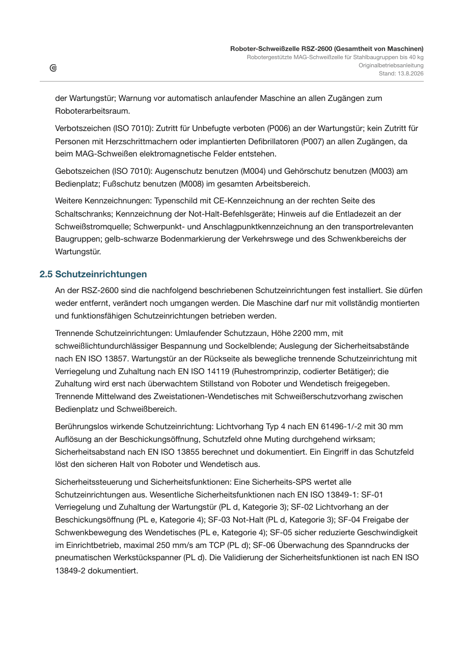 Kapitel Schutzeinrichtungen der Muster-Betriebsanleitung mit trennenden Schutzeinrichtungen, Lichtvorhang und Sicherheitsfunktionen samt Performance Level