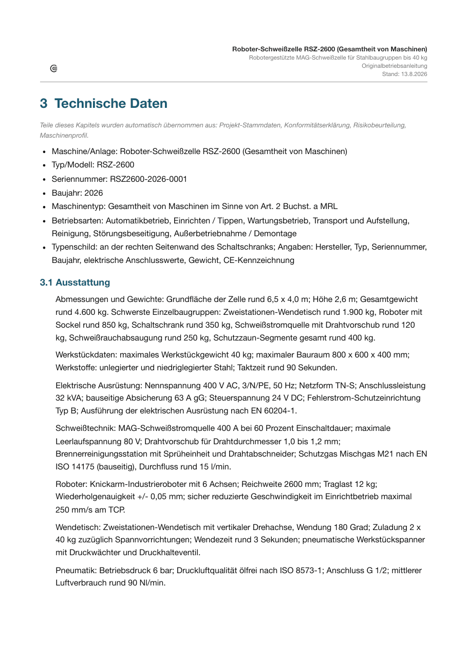 Technische Daten der Muster-Betriebsanleitung mit Abmessungen, elektrischer Ausrüstung, Schweißtechnik und Geräuschemission