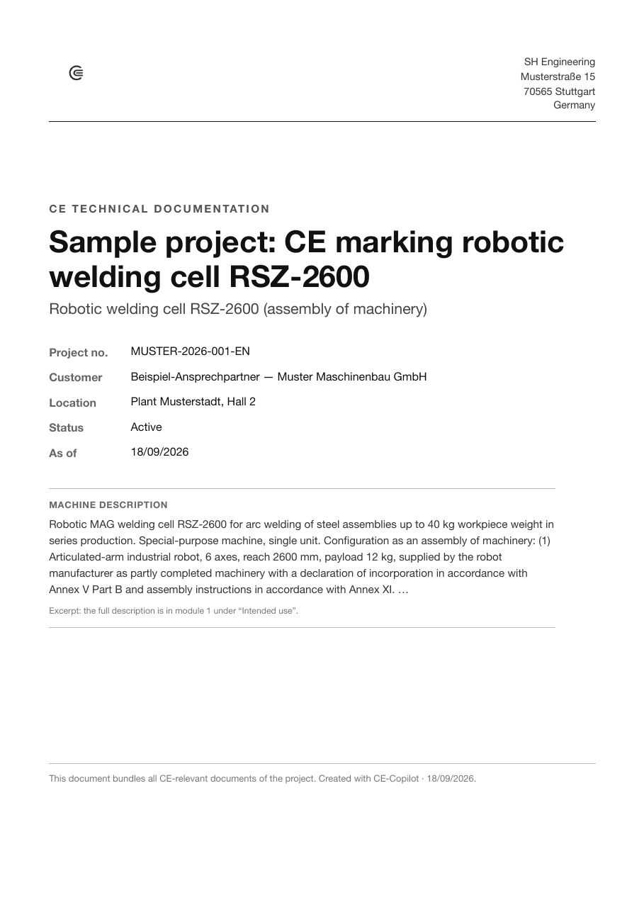Cover page of the sample dossier: CE technical documentation for the RSZ-2600 robotic welding cell