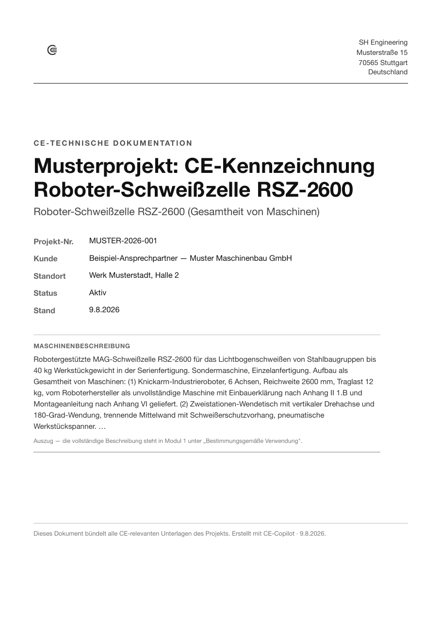 Deckblatt des Musterdossiers: CE-technische Dokumentation der Roboter-Schweißzelle RSZ-2600