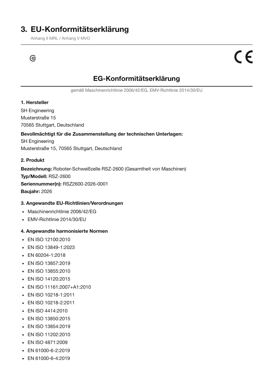 EG-Konformitätserklärung im Musterdossier mit Hersteller, Produktangaben, Richtlinien und harmonisierten Normen